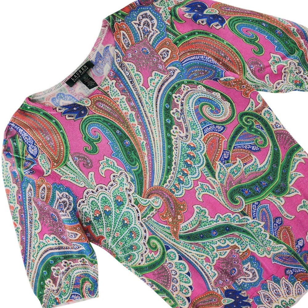 Lauren Ralph Lauren Knit Top Womens M Pink Paisley Cotton Viscose Short Sleeve